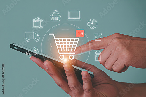 Mobile shopping online e commerce app using smartphone for digital marketing and business growth now