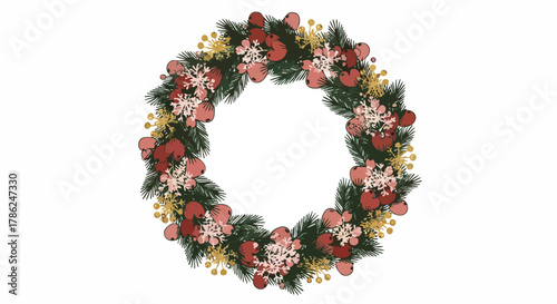 A beautifully crafted festive holiday wreath featuring lush green pine needles, vibrant red berries, and sparkling golden accents, perfect for seasonal decorations.