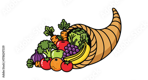 Abundant cornucopia overflowing with vibrant fresh fruits and crisp vegetables symbolizing harvest and prosperity, Generative AI