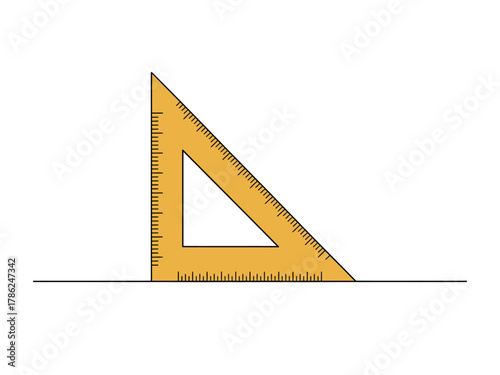A yellow triangle ruler rests on a straight line against a white background.