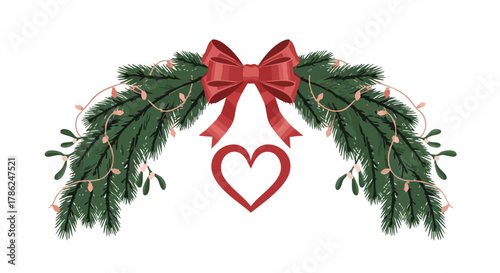 A festive Christmas garland featuring lush green pine branches, sparkling string lights, a vibrant red bow, and a delicate heart outline, perfect for holiday decorations.