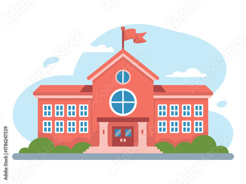 An illustration of a classic school building with a flag flying on top.
