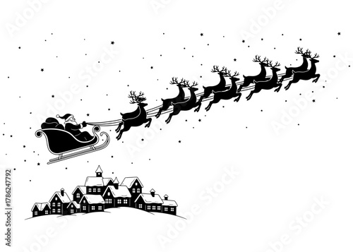 Santa Claus silhouette flying in a sleigh with reindeer over a snowy Christmas village. Holiday vector illustration for Christmas Eve.