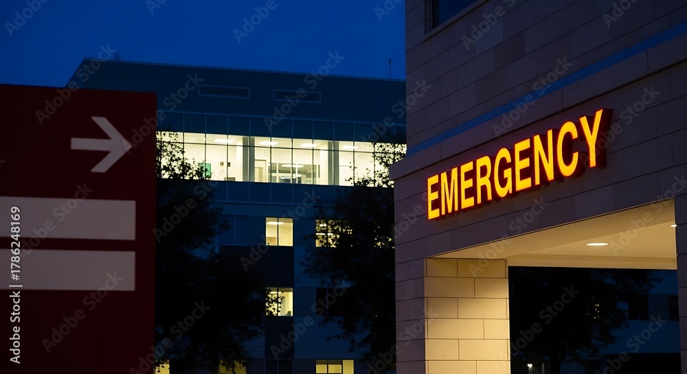 Fototapeta premium Illuminated emergency sign at a hospital entrance at night time