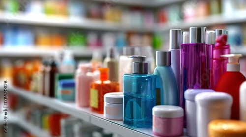 Close-up of colorful cosmetic bottles arranged on supermarket shelf in health and beauty section