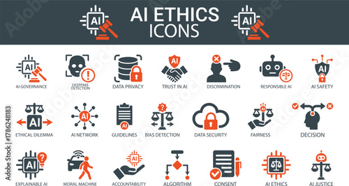 AI Ethics, Data Privacy & Guidelines Solid Vector Icon Set Featuring Ethical Dilemma, Bias Detection, Fairness, Explainable AI, Transparency, and More.