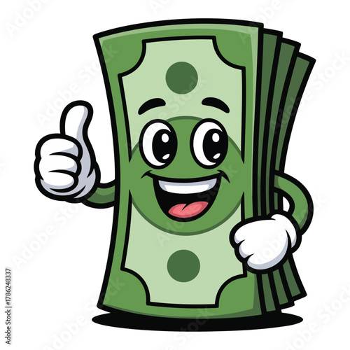 Cute cartoon money stack character giving thumbs up, smiling happy face, cheerful mascot made of green dollar bills, vector illustration, bright colors, clean outline, on white background.