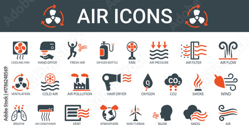 Air Quality & Ventilation Solid Vector Icons Collection Featuring Air Conditioner, Fan, Wind, Oxygen, Breathe, CO2, and Pollution.