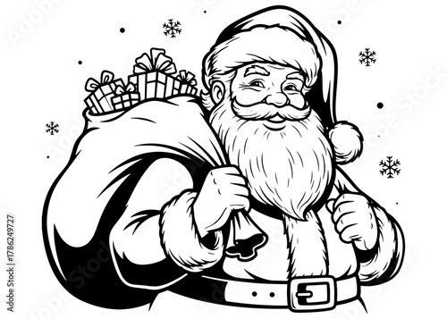 Hand-drawn smiling Santa Claus carrying a large sack of gifts. Black and white Christmas holiday vector illustration for greeting cards.