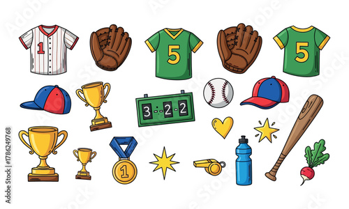 Baseball themed objects with jersey, baseball glove, baseballs and trophy. Vector illustration