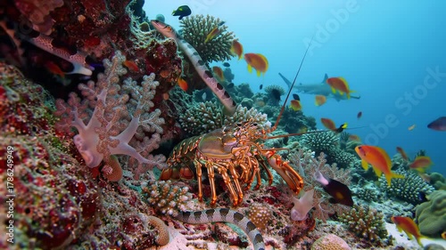 Vibrant underwater scene with a spiny lobster nestled among colorful coral reefs surrounded by various tropical fish swimming in clear blue ocean water showcasing marine biodiversity and a healthy ec.