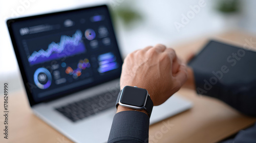 Focused professional man checking modern smartwatch for business data analysis. In background, laptop screen shows technology graph for financial performance