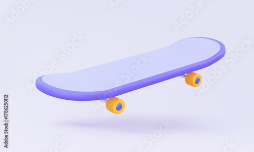 3D vector Purple skateboard icon on pastel background. Activity movement sport freestyle exercise outdoor concept. Fun hobby lifestyle. Minimal cartoon style illustration design