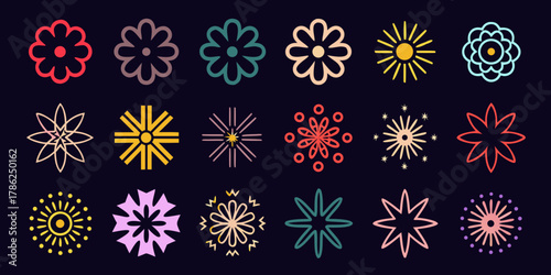 Collection of diverse abstract floral and starburst shapes in various colors on a dark background