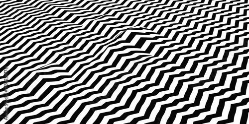 Abstract black and white zig zag pattern with a distorted wave effect creating a sense of depth and movement
