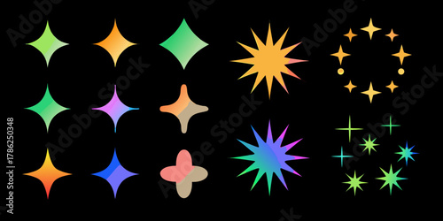 Collection of colorful gradient sparkle and starburst graphic elements on black background