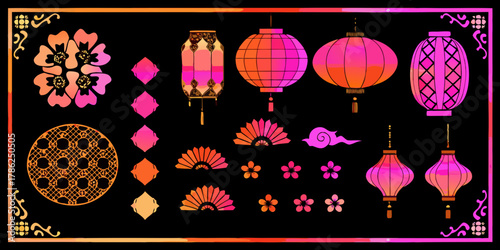 Collection of traditional asian decorative elements featuring lanterns flowers fans and clouds in vibrant gradient colors