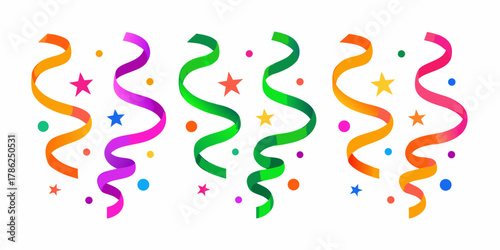Colorful party streamers and confetti in vibrant gradients and star shapes on a white background