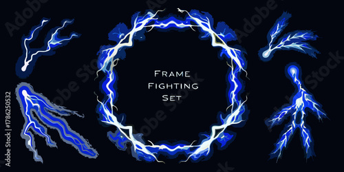 Dynamic blue lightning bolt frames and elements for fighting game graphics and visual effects