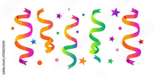 Colorful gradient streamers and stars floating on a white background for celebrations and parties