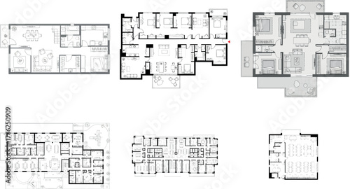 Collection of six different architectural floor plans