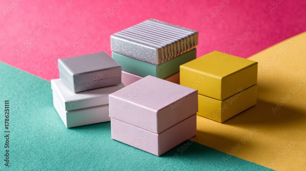 Fototapeta premium Geometric product display with colorful shadowed cubes on split background