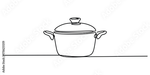 Continuous one line art drawing of a cooking pot with a lid icon