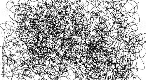 A dense and chaotic tangle of thin black lines weaves an intricate, abstract web across a white background