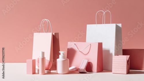 Wallpaper Mural Pastel shopping bags and skincare on pink backdrop Torontodigital.ca