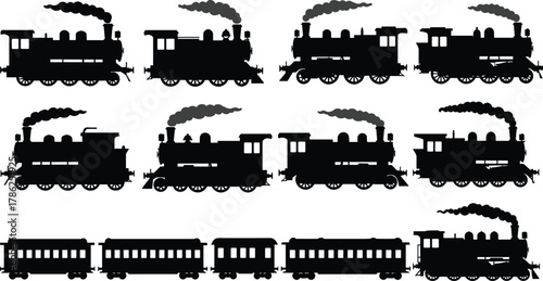 Steam locomotive silhouette, train cars, vintage railway, black illustration, transportation, engine, wheels, passenger car, historic,