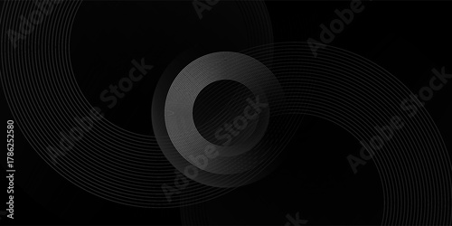 Grey abstract curved wavy lines on black background. Black background with line curve design. Blurred black silk fabric.