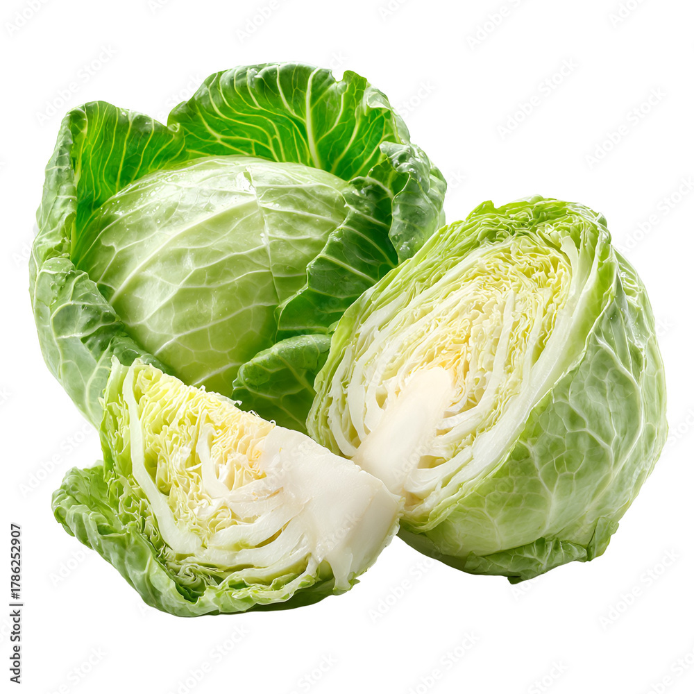 Fototapeta premium Fresh green cabbage whole and cut isolated on white background