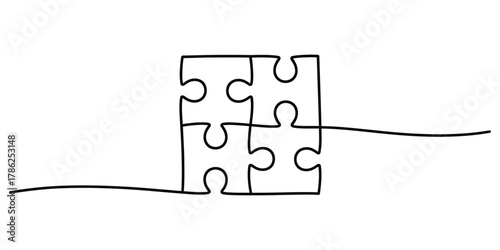 Continuous line art puzzle pieces connecting, forming a square