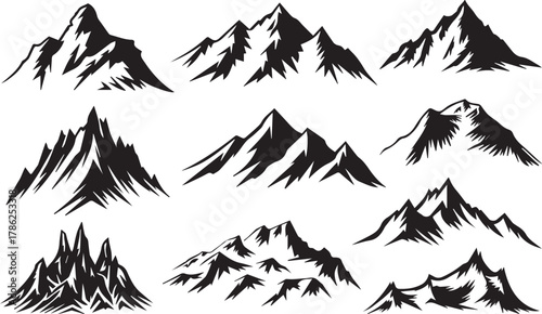 Mountain silhouette collection, vector mountain icon set, black peaks logo template, isolated graphic art on Illustrator Artwork