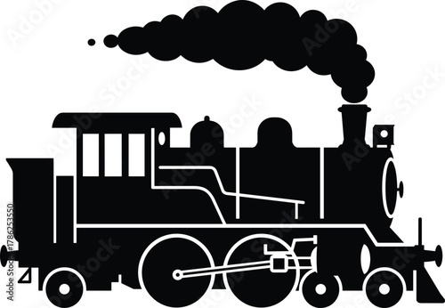 Steam locomotive silhouette, vintage train icon, black railway engine, classic transportation, retro steam engine, puffing smoke, historic travel illustration