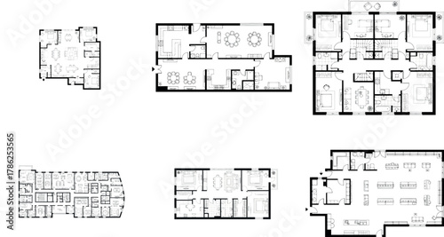 Compilation of six distinct floor plans showcasing different residential unit configurations