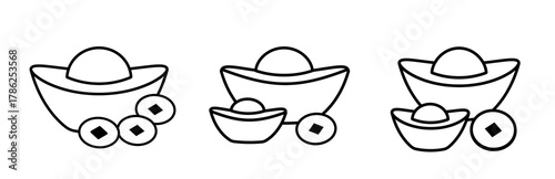 Set of Chinese gold Ingot outline with template. 
Gold Ingot yuanbao linear Icon vector.
Transparent background. SVG file.