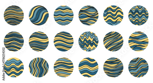 Seamless pattern of circles with wavy blue and yellow lines artfully arranged