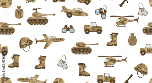 Seamless military pattern showcasing tanks, planes, helicopters and other army equipment
