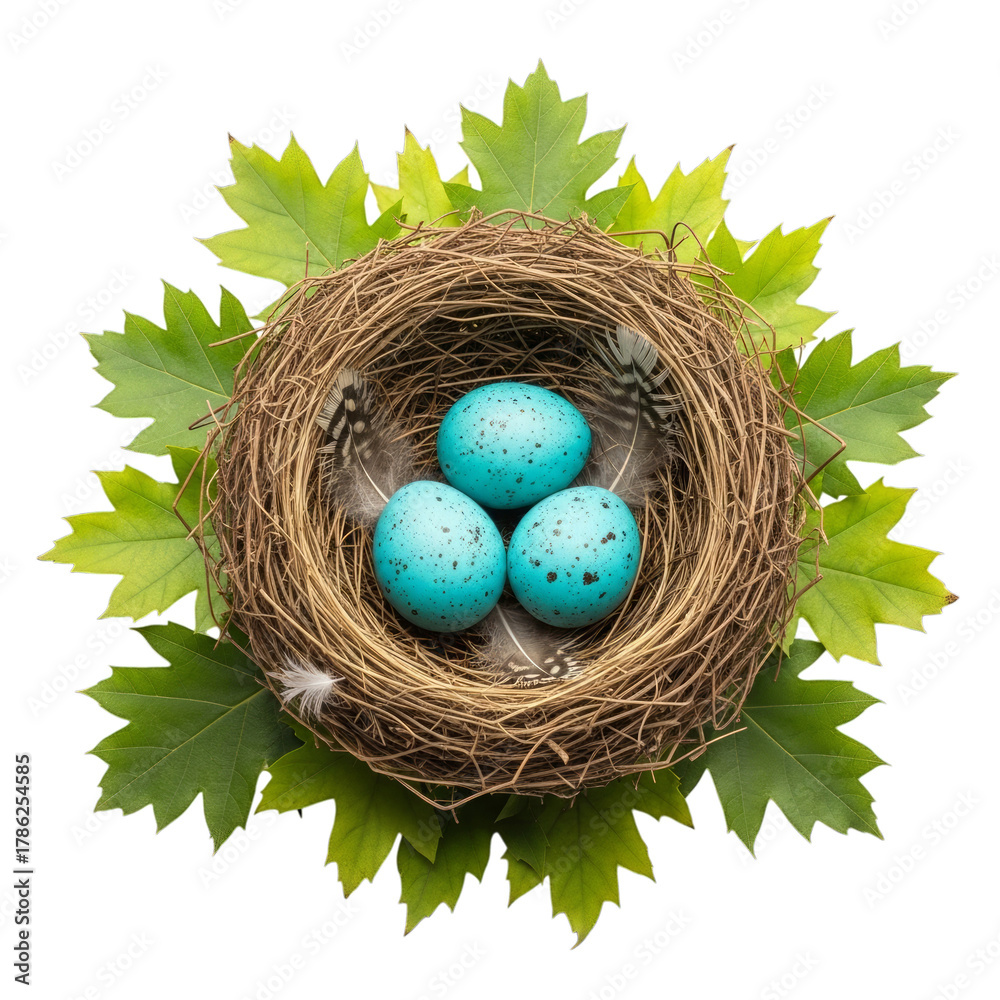 Obraz premium Bird nest with three blue eggs isolated on a transparent background