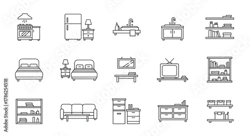 Home Interior Icons: A collection of simple line art icons representing various pieces of home interior and furnishings.