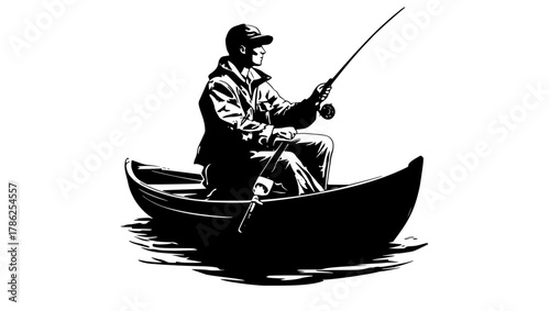 a silhouette of a man fishing in a canoeblack, boat, calm, canoe, catch, fish, fisherman, fishing, fishing pole, illustration, man, oar, profile, row, rowboat, sit 