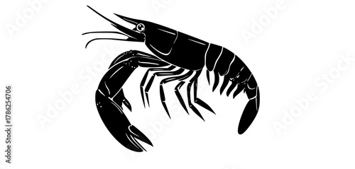 a black and white silhouette of a shrimpblack, illustration, image, profile, seafood, shrimp, white 