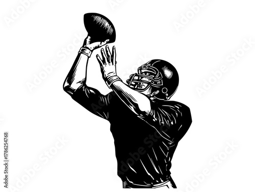 a black and white illustration of a football player catching a ballball, baseball glove, black, catch, football player, hand, helmet, illustration, man 