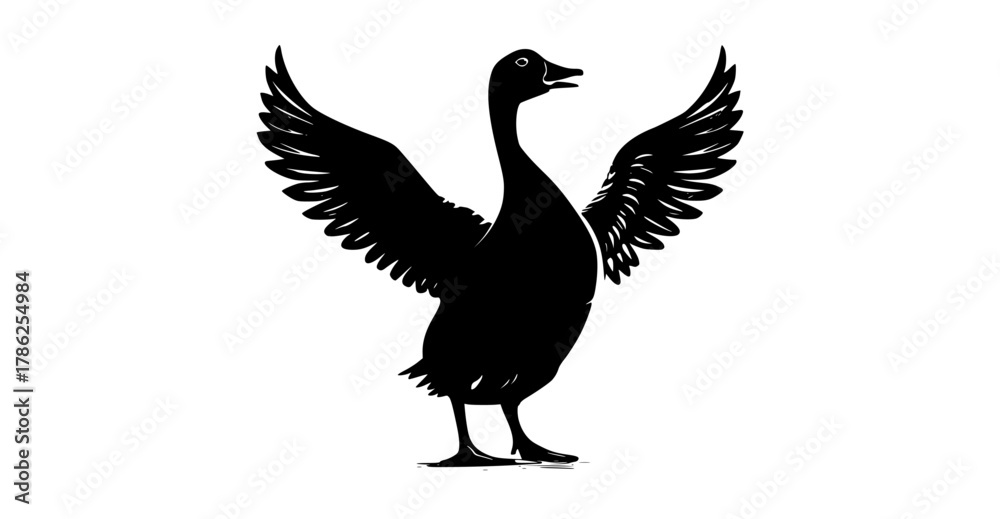 Obraz premium a stylized silhouette of a goose with wings spreadbird, black, cock, crane, duck, flap, goose, illustration, profile, spread, stand, wing 