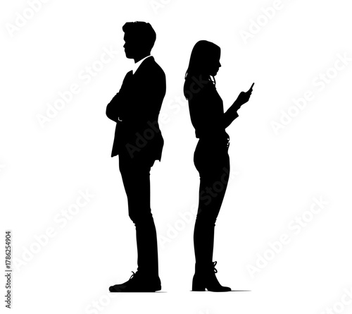 a silhouette of a man and a woman standing side by side, both dressed in business attirebusiness suit, businessman, conversation, man, person, phone, profile, smartphone, stand, talk, woman 