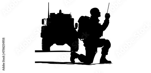 a silhouette of a soldier kneeling in front of a military vehiclearmy, catch, equipment, gun, man, profile, radio, rifle, soldier, weapon 