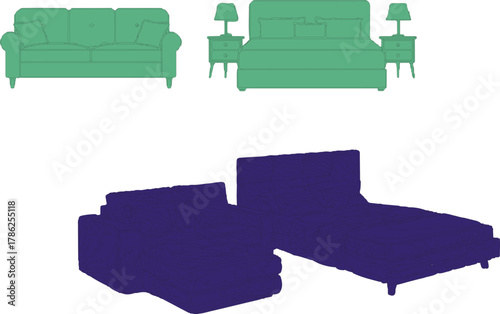 described showcases a dual-color scheme of furniture illustrations for a living room and bedroom, emphasizing simplicity and a line-based design style