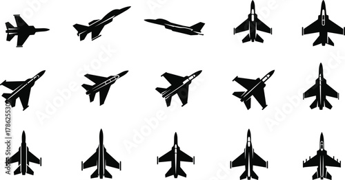 Fighter jet silhouettes, military aircraft comparison, aviation design reference, top view jets, side profile planes, tactical air force models, warplane shapes