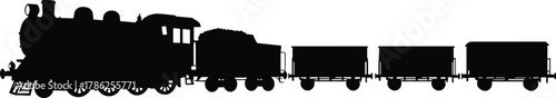 Steam locomotive silhouette, vintage train illustration, freight transport icon, black rail engine, historical railway graphic, transportation vector, classic cargo train